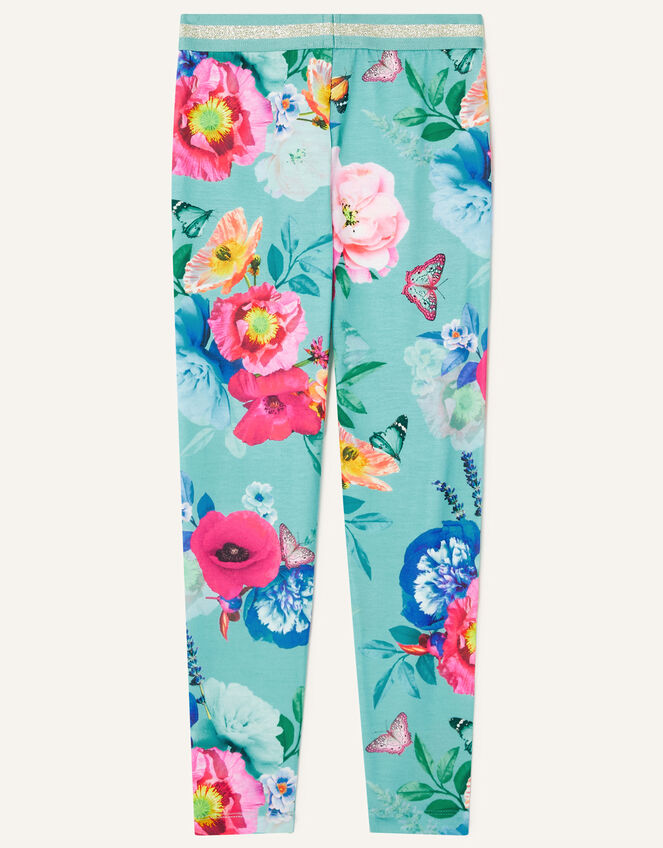 Floral Print Active Leggings, Blue (AQUA), large