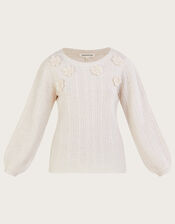 Floral Applique Embroidered Jumper with Recycled Polyester, Ivory (IVORY), large
