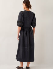 Odilia Broderie Puff-Sleeve Midi Dress, Black (BLACK), large