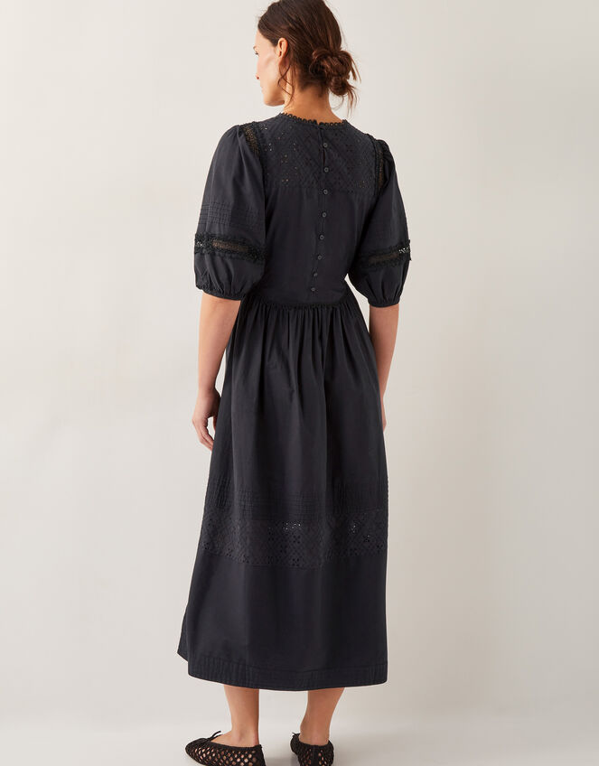Odilia Broderie Puff-Sleeve Midi Dress, Black (BLACK), large
