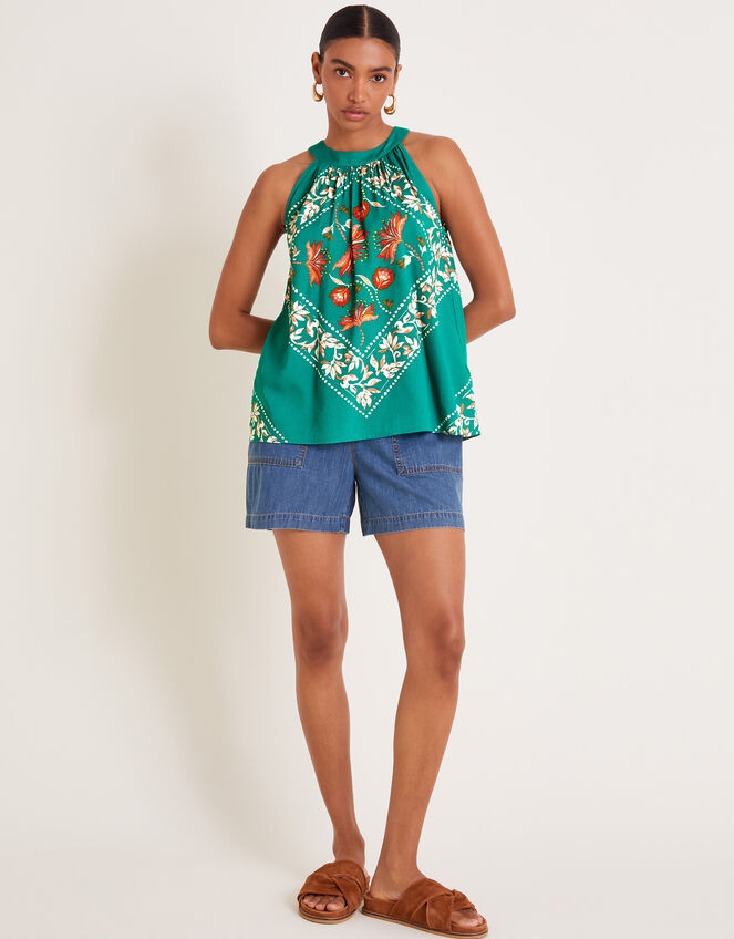 Mila Scarf Print Halter Top, Teal (TEAL), large