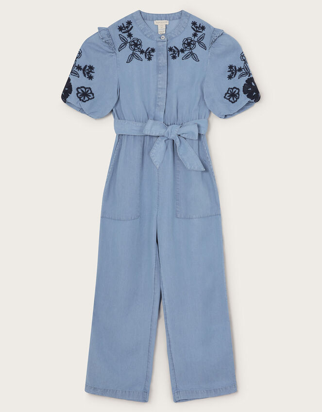 Floral Embroidered Chambray Jumpsuit, Blue (BLUE), large