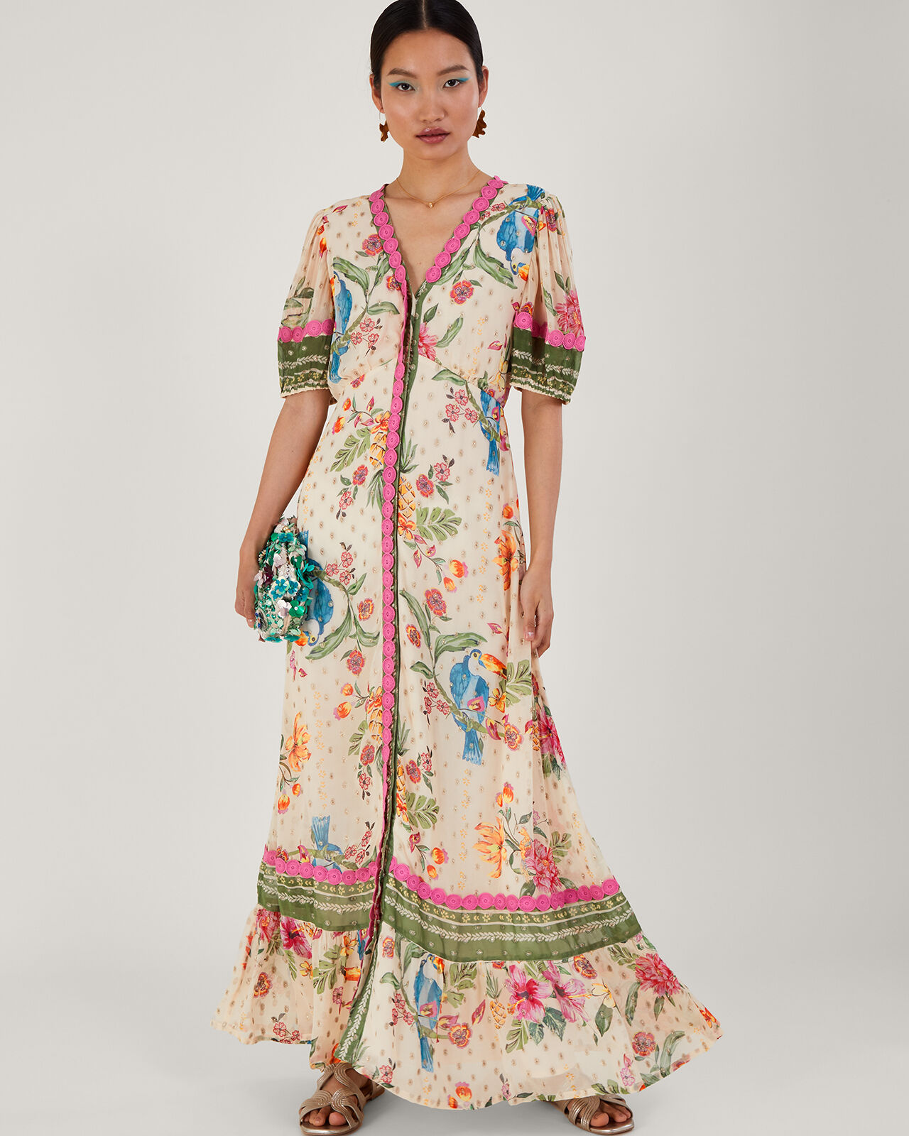 Uma Metallic Floral Print Maxi Dress Ivory