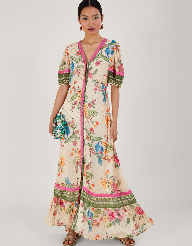 Uma Metallic Floral Print Maxi Dress Ivory