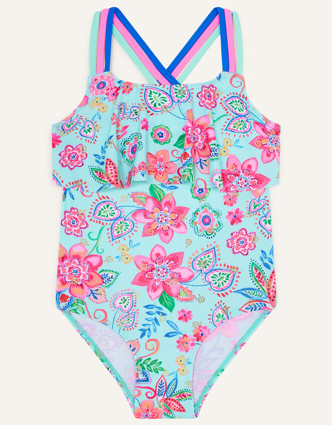 Star Flower Print Ruffle Swimsuit, Blue (TURQUOISE), large