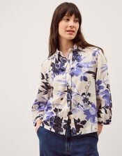 Nicolette Floral Linen Blend Shirt, Blue (BLUE), large