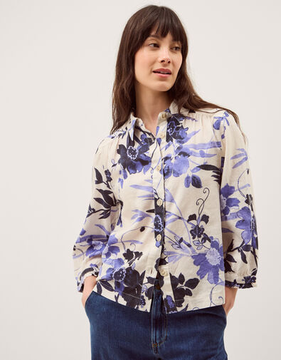 Nicolette Floral Linen Blend Shirt, Blue (BLUE), large