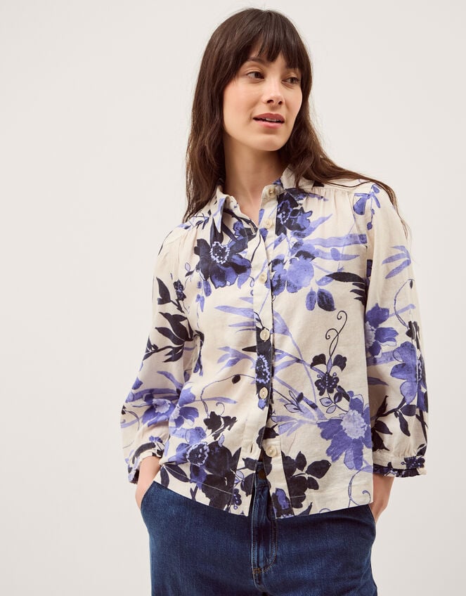 Nicolette Floral Linen Blend Shirt, Blue (BLUE), large