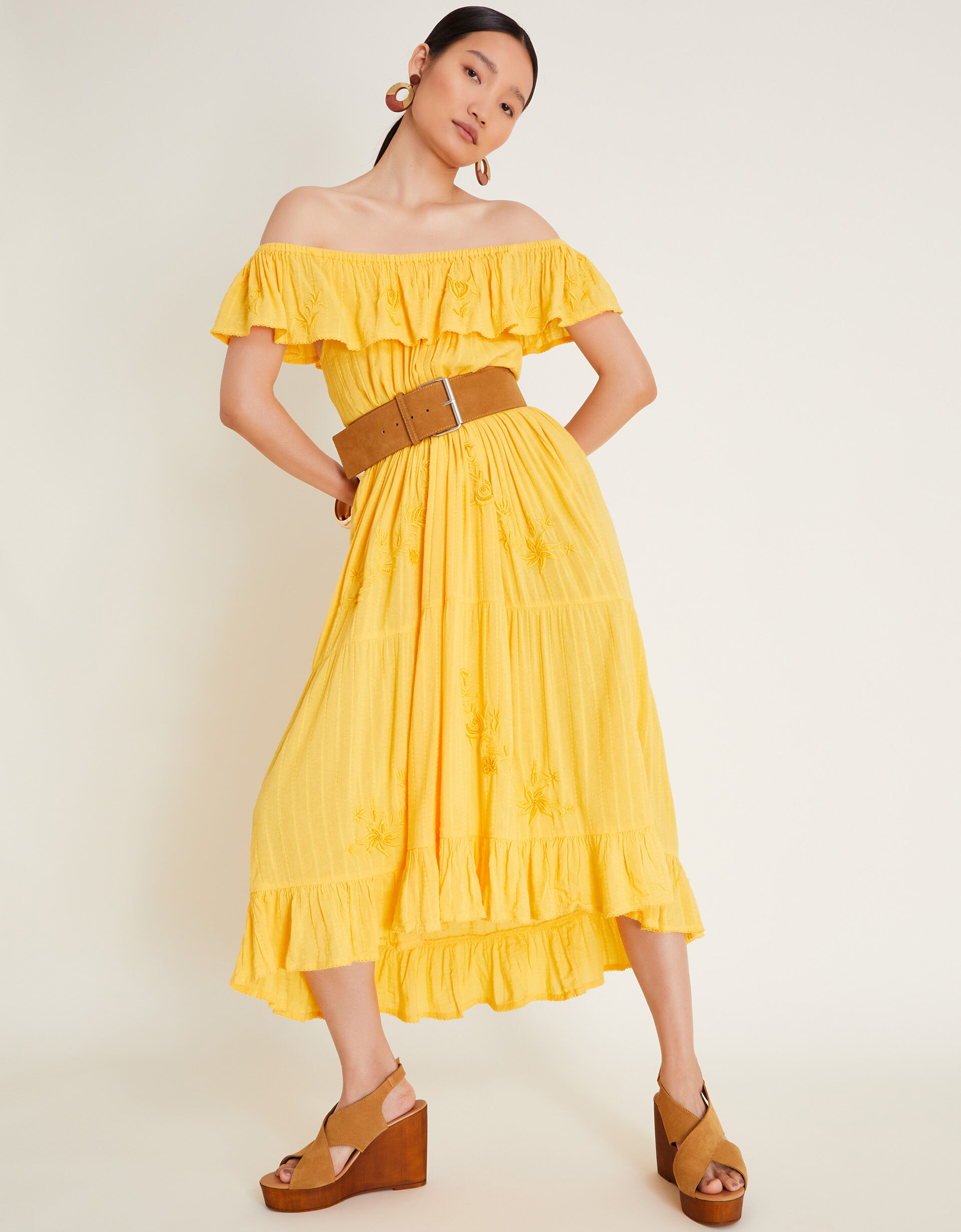 Avani Bardot Ruffle Dress Yellow