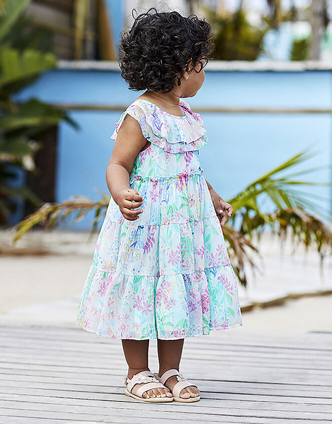 Baby Bonita Floral Tiered Dress in Recycled Polyester, Blue (AQUA), large