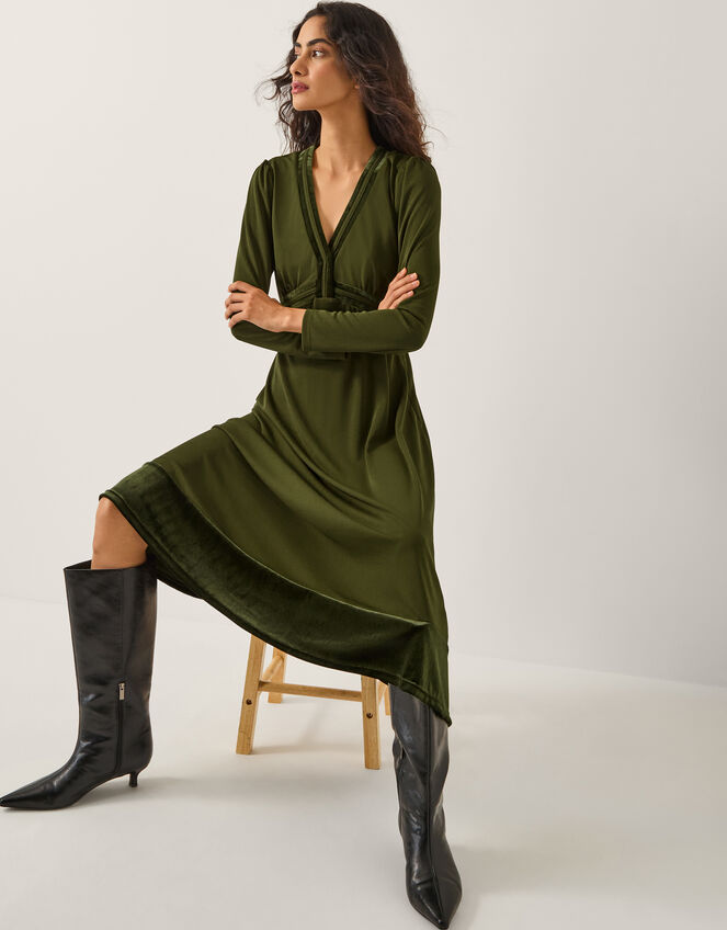 Viv Velvet Trim Long Sleeve Midi Dress, Green (KHAKI), large