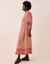 East Devyn Hand-Woodblock Printed Floral Stripe Cotton Midi Dress, Pink (PINK), large