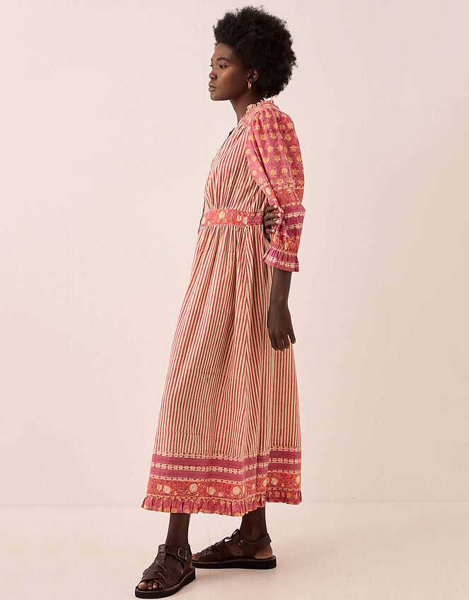 East Devyn Hand-Woodblock Printed Floral Stripe Cotton Midi Dress, Pink (PINK), large