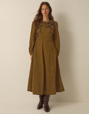 Edie Long Sleeve Embroidered Corduroy Midi Dress, Green (CHARTREUSE), large