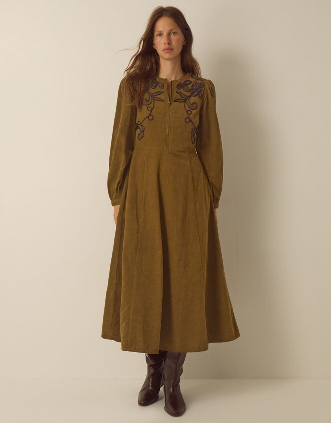 Edie Long Sleeve Embroidered Corduroy Midi Dress, Green (CHARTREUSE), large