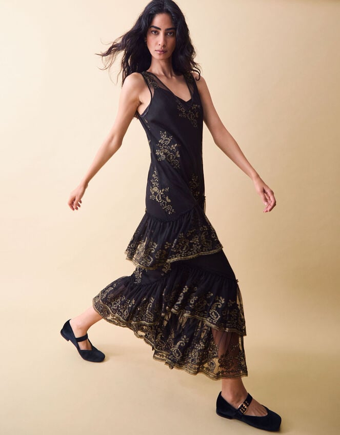 Clemence Isabelle Embroidered Tiered Midi Dress, Black (BLACK), large