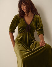 Vera V-Neck Velvet Midi Dress, Green (OLIVE), large