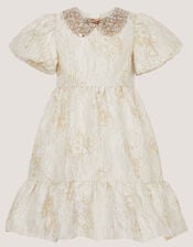 Josephine Puff Sleeve Jacquard Party Dress, Gold (GOLD), large