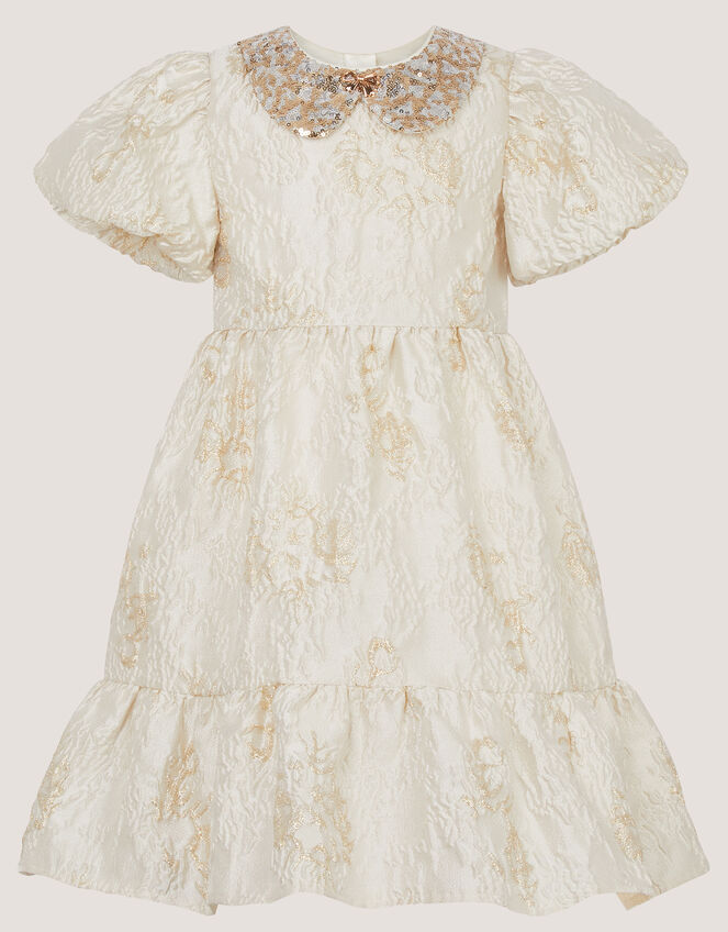Josephine Puff Sleeve Jacquard Party Dress, Gold (GOLD), large