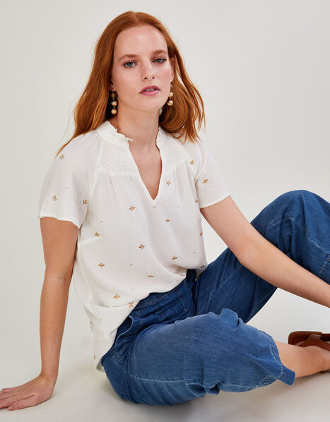 Embroidered Ditsy Top in LENZING™ ECOVERO™  Ivory, Ivory (IVORY), large