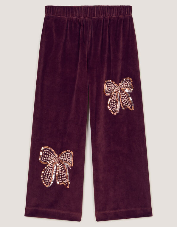 Bow Embellished Velour Trousers, Brown (BROWN), large