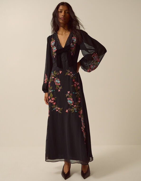 Margot Floral Embroidered Midi Dress, Black (BLACK), large