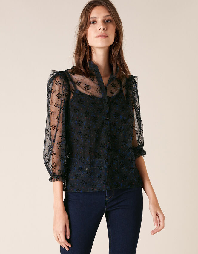 Floral Print Lace Blouse, Black (BLACK), large
