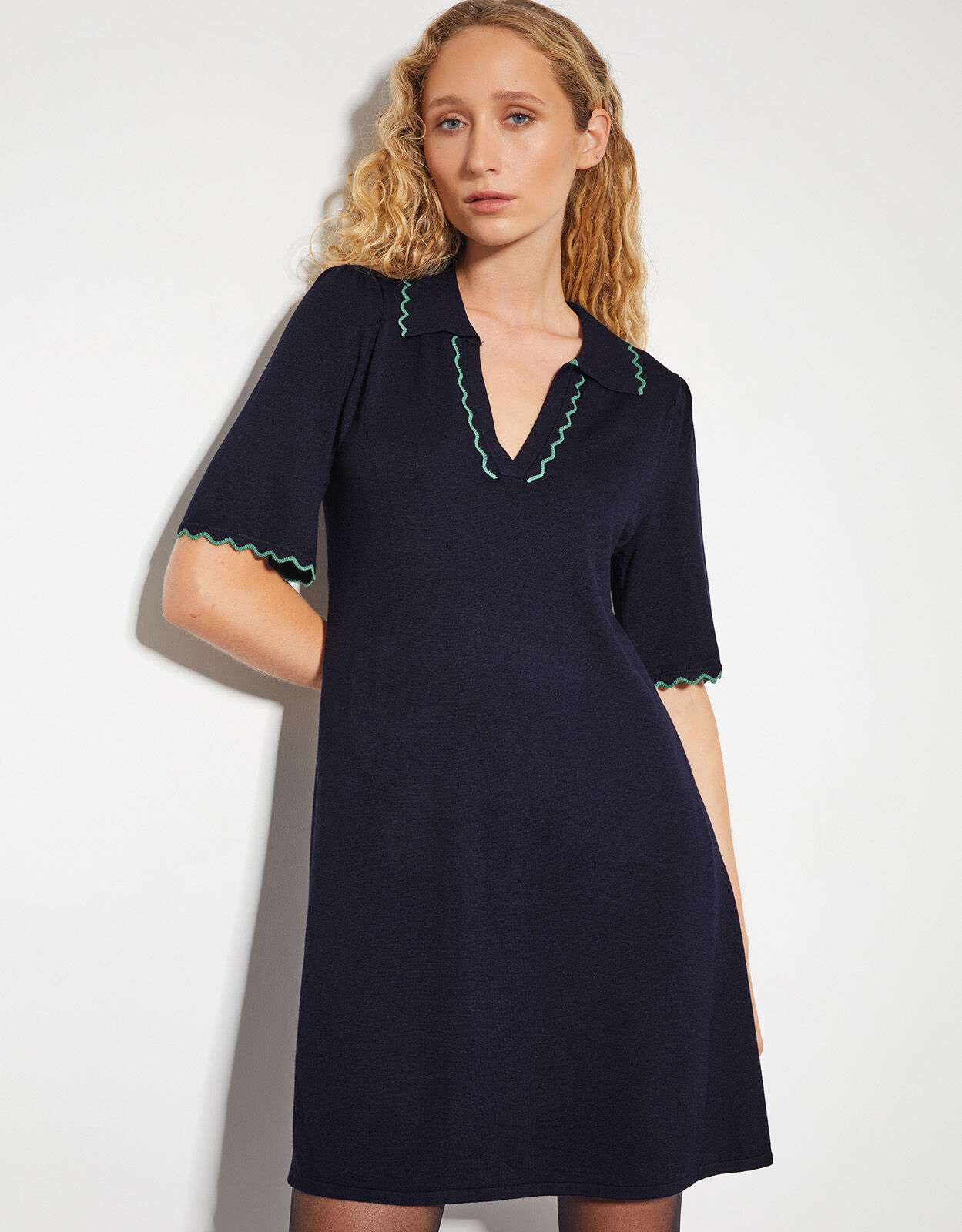 Cole Scallop Collar Knit Mini Dress Blue Knit Dresses Monsoon UK