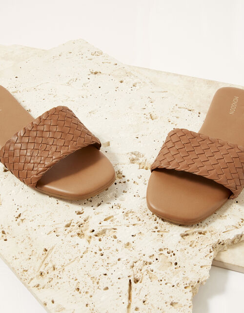 Plaited Leather Slide Sandals, Tan (TAN), large