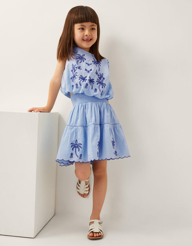 Palm Tree Embroidered Top and Skirt Set, Blue (BLUE), large