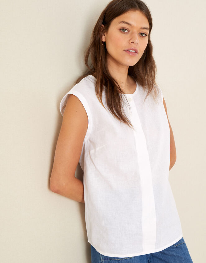 Sleeveless Top in Linen Blend, White (WHITE), large