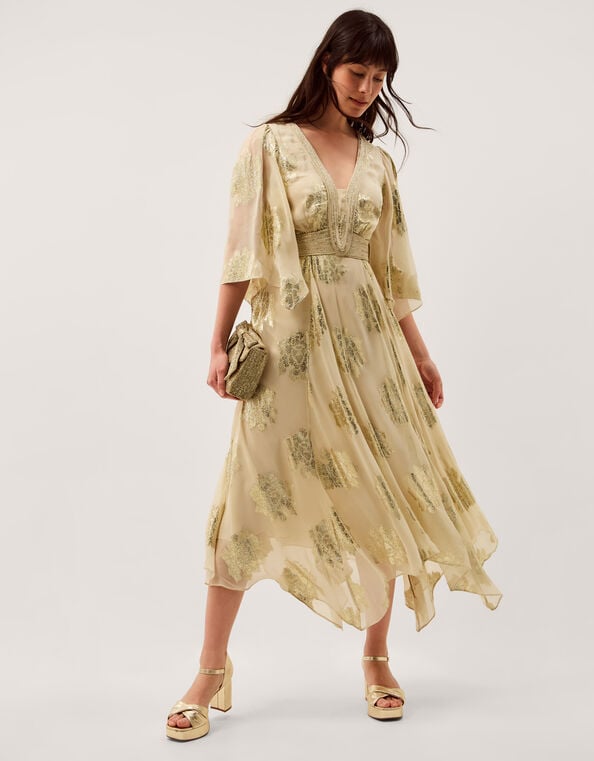 Lydia V-Neck Shimmer Jacquard Midi Dress, Cream (CREAM), large