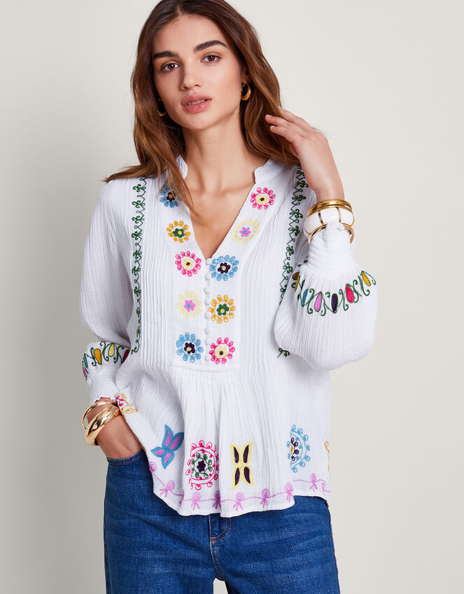La Galeria Elefante Hand-Embroidered Blouse, White (WHITE), large