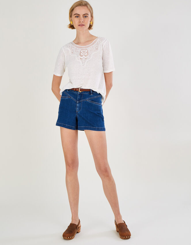 Embroidered Detail Jersey Linen T-Shirt, Ivory (IVORY), large