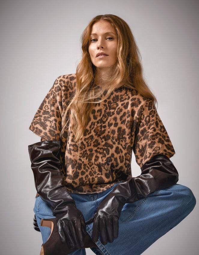 Amy Leopard Print Short Sleeve Jumper, Brown (BROWN), large