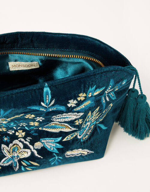 Floral Embellished Velvet Makeup Bag, , large