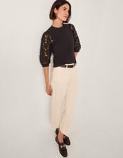 Flavia Sheer Appliqué Sleeve Jersey Top, Black (BLACK), large