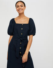 Tina Midi Dress in Linen and Organic Cotton, Blue (NAVY), large