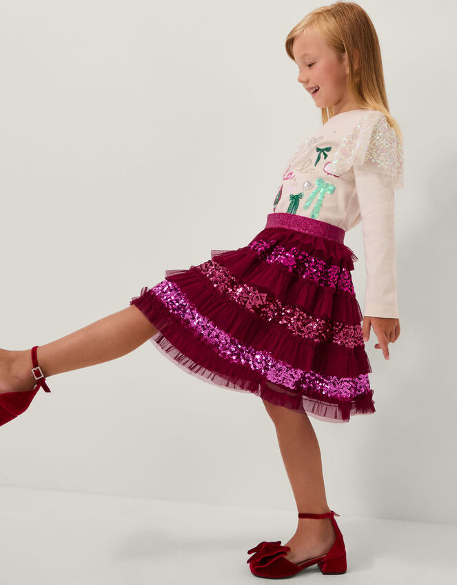 Sequin Ruffle Disco Skirt, Red (RED), large