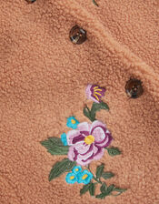 Baby Floral Embroidered Faux Shearling Coat, Camel (CAMEL), large