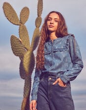 Laser Print Denim Shirt in Sustainable Cotton, Blue (BLUE), large