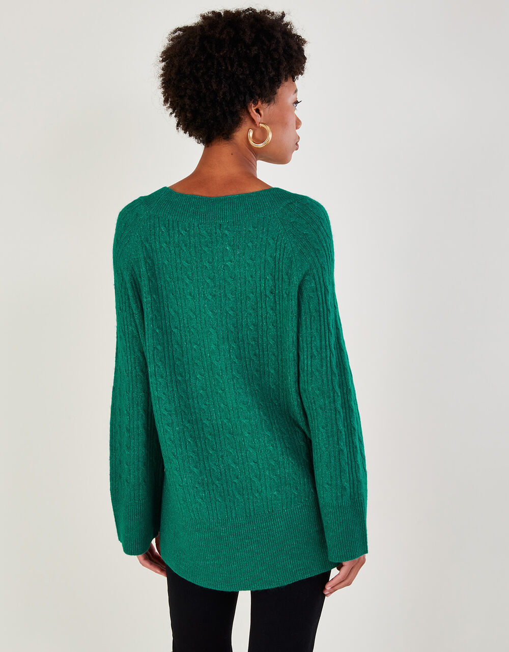 VNeck Cable Longline Jumper with Recycled Polyester Green Jumpers Monsoon UK.