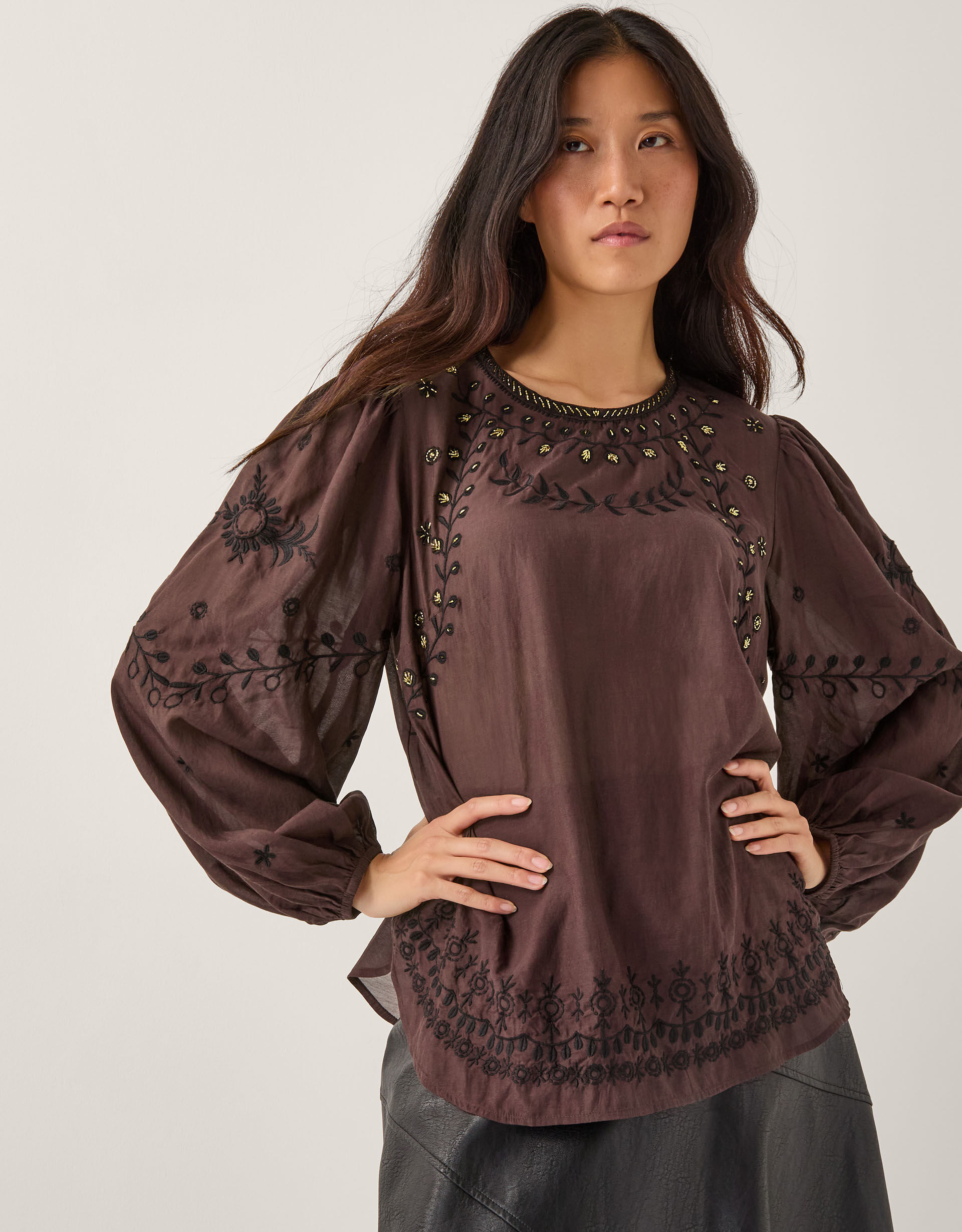 Isabelle Floral Embellished Top Brown | Tops & T-shirts | Monsoon UK.
