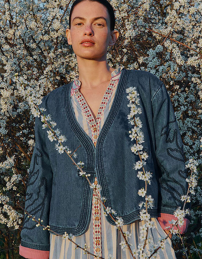 East Juna Denim Botanical Embroidered Jacket, Blue (BLUE), large