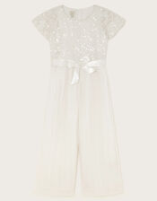 Short Sleeve Lacy Sequin Jumpsuit, Ivory (IVORY), large