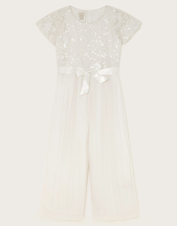 Short Sleeve Lacy Sequin Jumpsuit, Ivory (IVORY), large