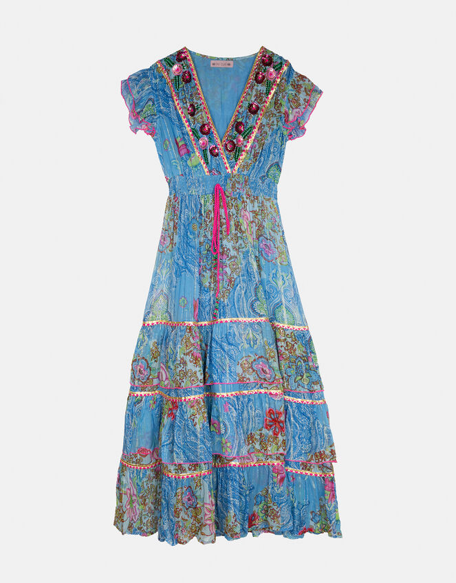 Piti Cuiti Paisley Print Tiered Maxi Dress, Blue (BLUE), large