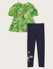 Floral Tiered Blouse and Leggings Set, Green (GREEN), large