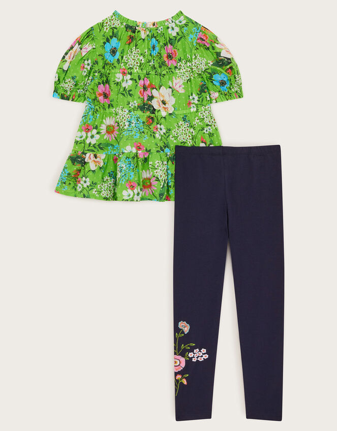 Floral Tiered Blouse and Leggings Set, Green (GREEN), large