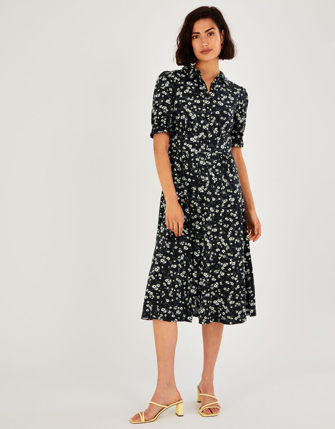 Ditsy Jersey Shirt Dress in Sustainable Cotton, Black (BLACK), large